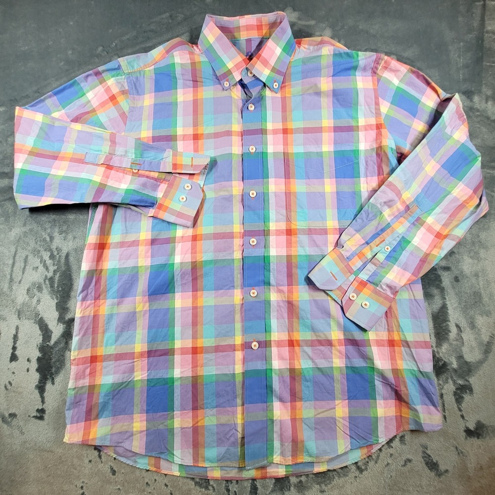 Alan Flusser Mens Large Rainbow Plaid Button Down Shirt Cotton Long Sleeve